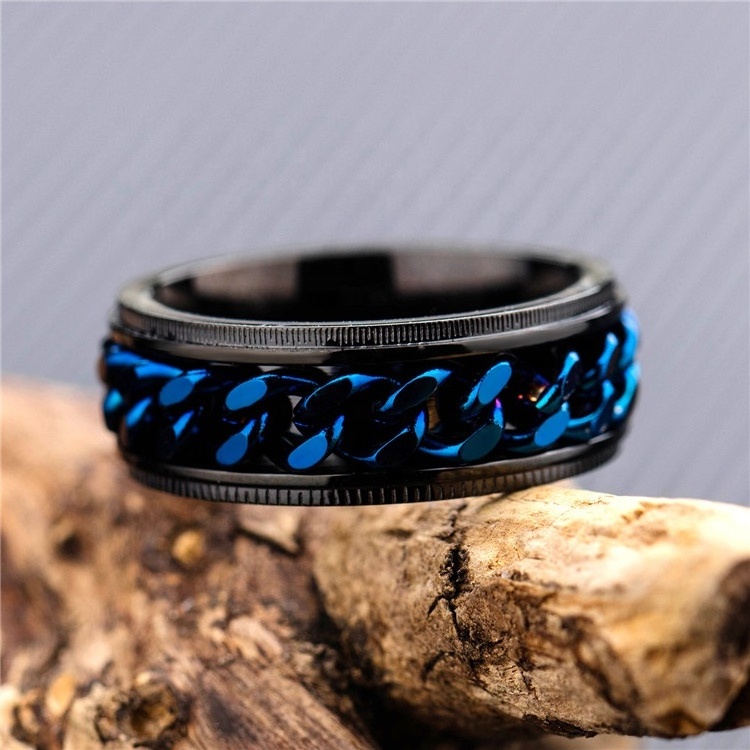 Wholesale Cheap Cool Blue Chain Stainless Steel Class Spinner Ring