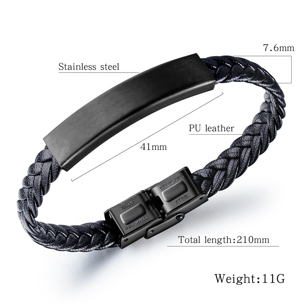 Hot Selling Cool Black Custom Cord Braided PU Leather Custom Cuff Bracelet For Men