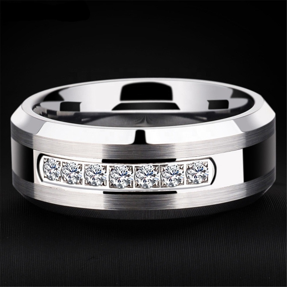 Luxury High Quality Shining Diamond Stone Bevel Edge Comfort Fit Silver Men Tungsten Ring