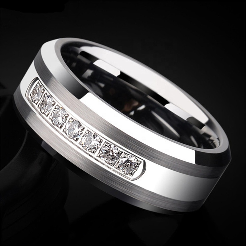 Luxury High Quality Shining Diamond Stone Bevel Edge Comfort Fit Silver Men Tungsten Ring