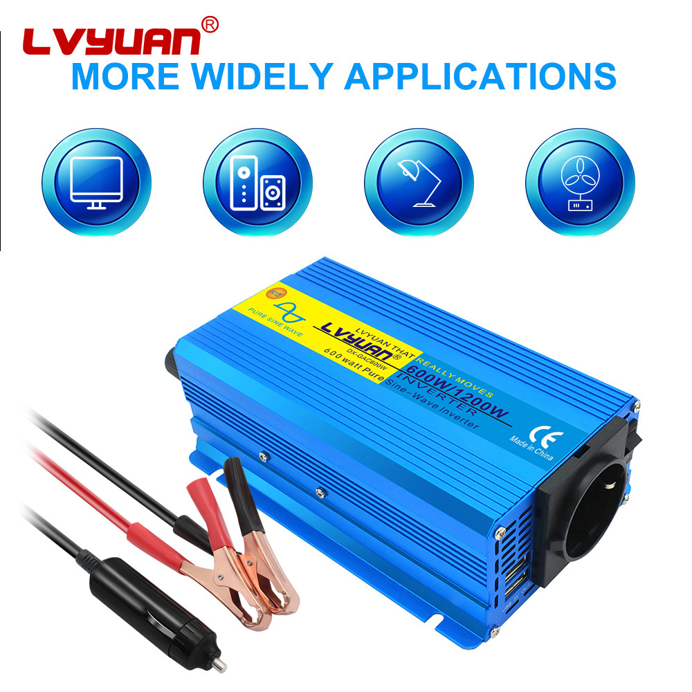 Lvyuan 600W Peak 1200W Pure Sine Wave Power Inverter DC 12V AC 220V Home Transformer Dual USB Solar Power Inverter