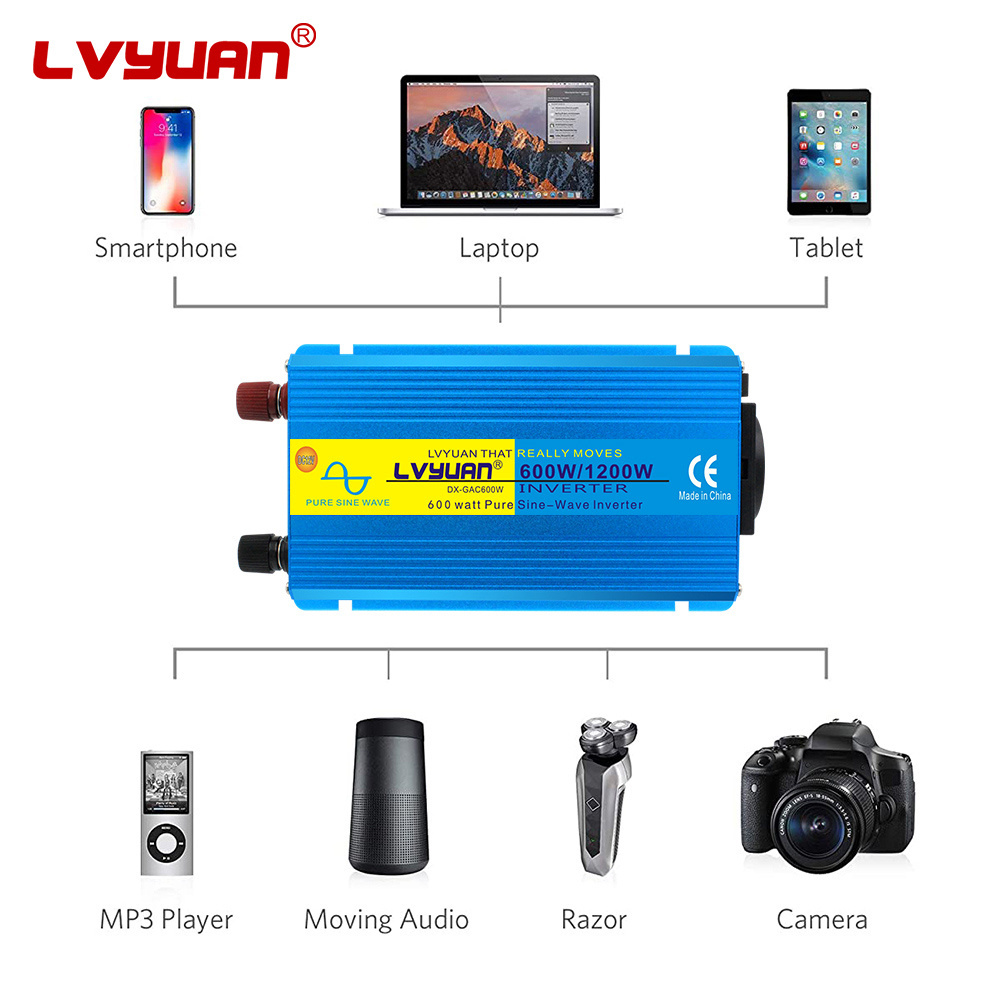 Lvyuan 600W Peak 1200W Pure Sine Wave Power Inverter DC 12V AC 220V Home Transformer Dual USB Solar Power Inverter