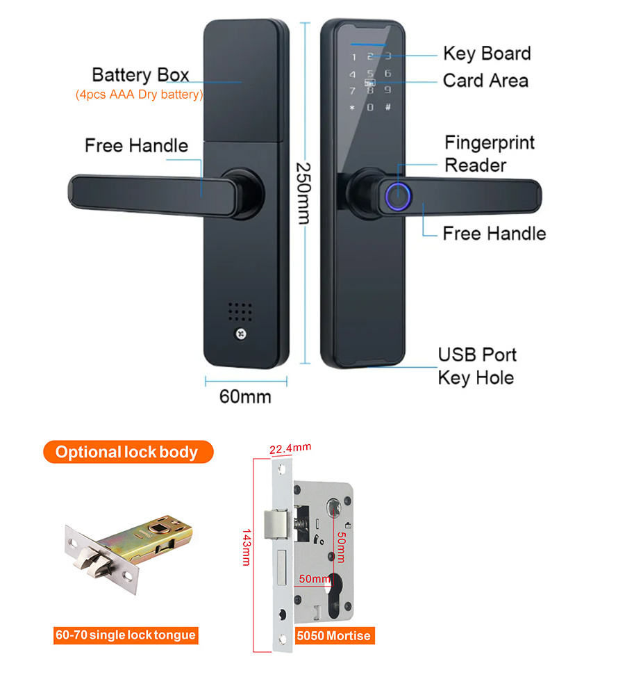 TYSH Tuya Smart  App Fingerprint Password Card Key App Wood Door Safe  Electronic System Wifi Door Lock