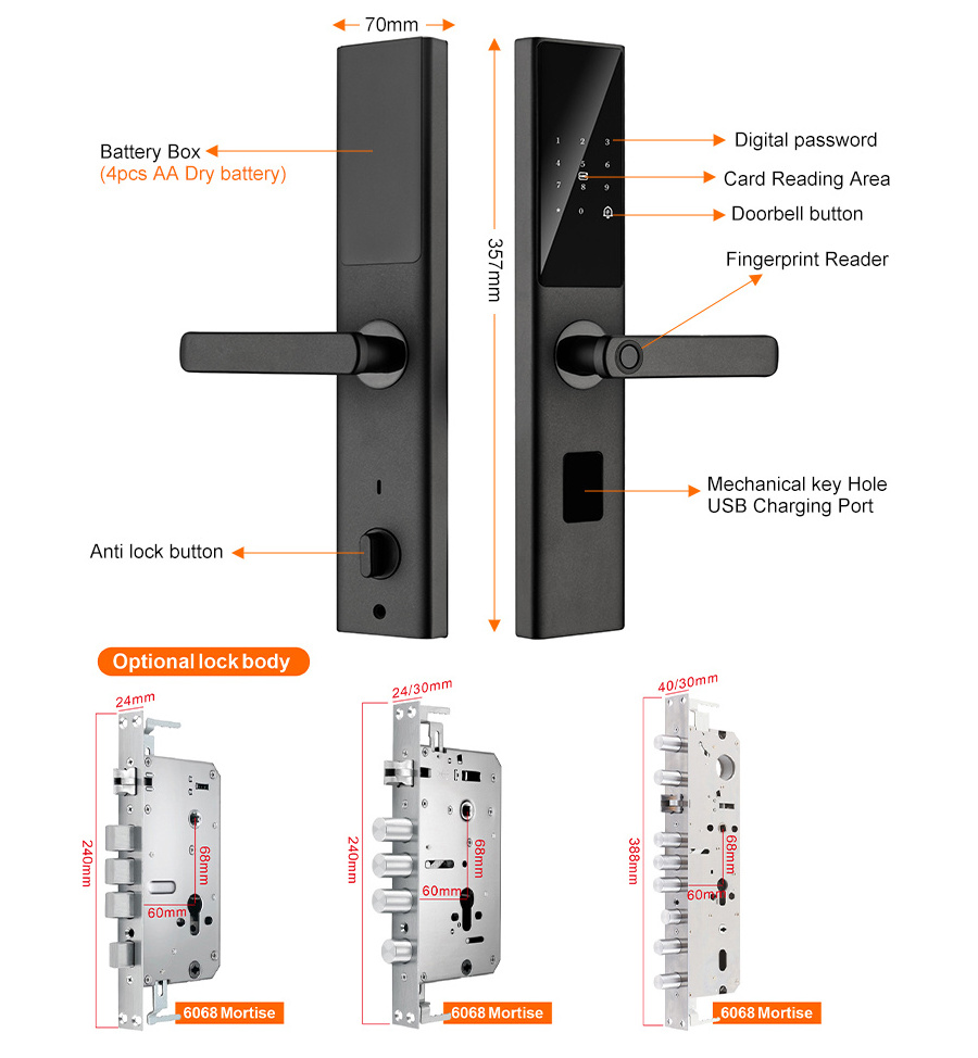 TYSH Factory Price Home Security Digital WiFi Tuya App Smart Door Lock Aluminum Fingerprint Inside Handle Tuya Smart Lock