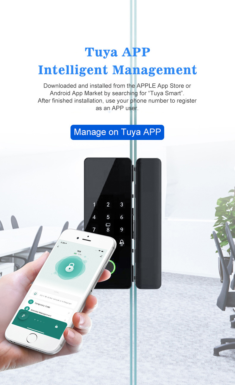 TYSH Ble Wifi Tuya App Remote Control Smart Fingerprint Glass Door Lock With Ic Card Password For Glass Door Push/Sliding Door