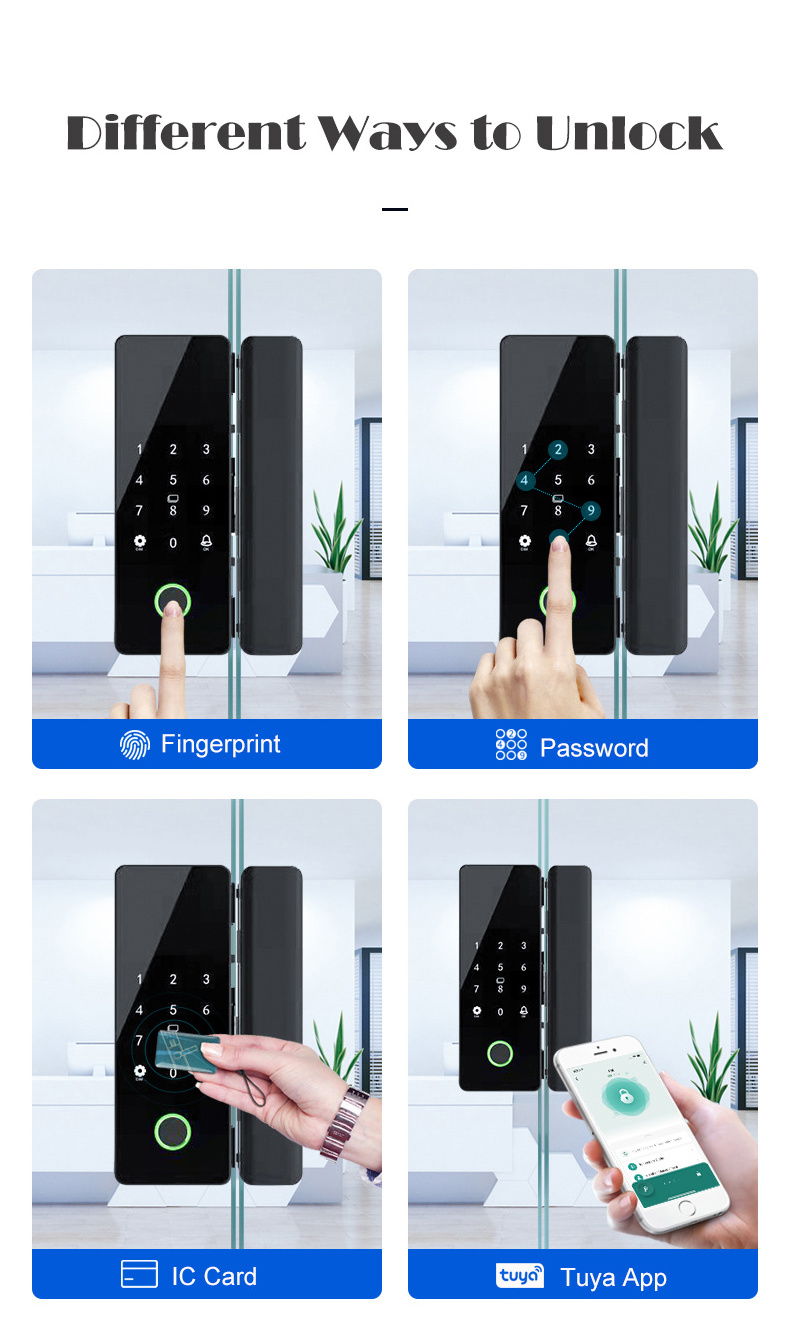 TYSH Ble Wifi Tuya App Remote Control Smart Fingerprint Glass Door Lock With Ic Card Password For Glass Door Push/Sliding Door