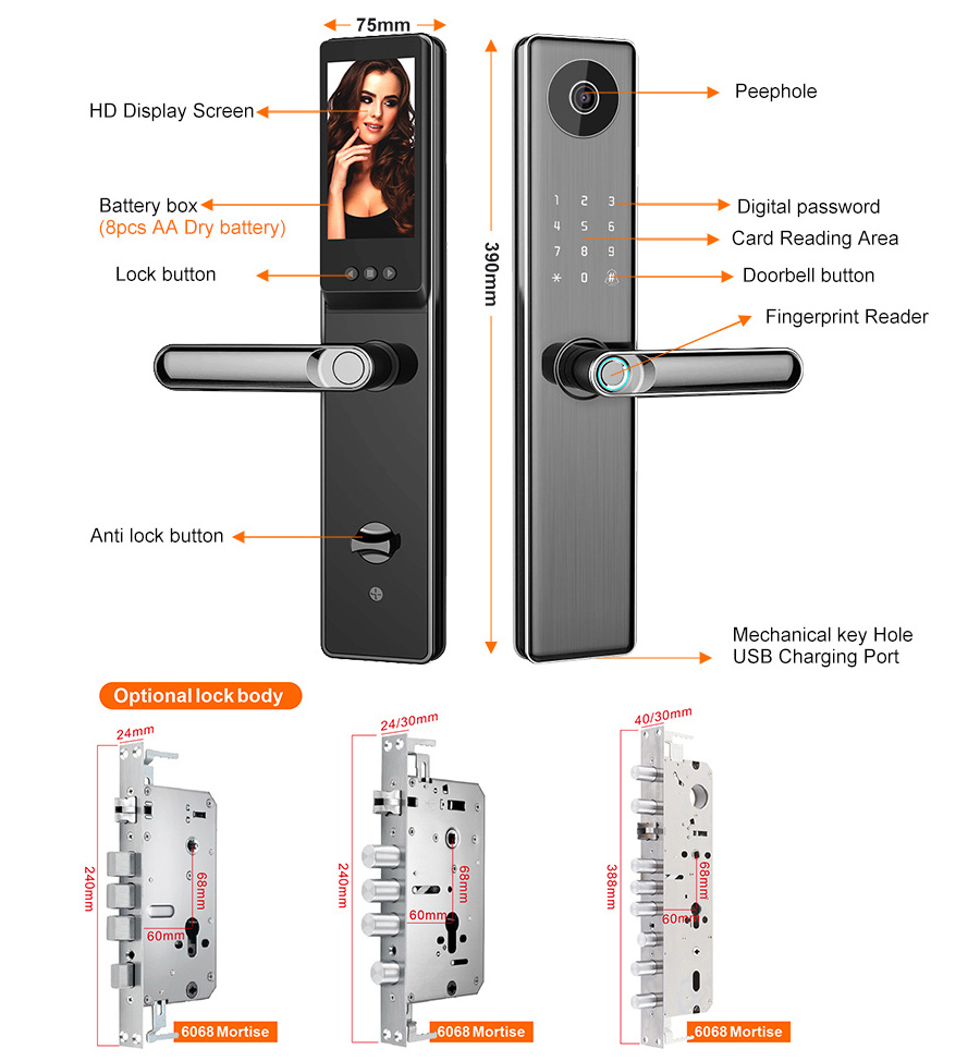 TYSH Electronic Fingerprint Cerraduras Digital Tuya Wifi Inteligentes Security Locks Front Smart Home Door Lock With Camera