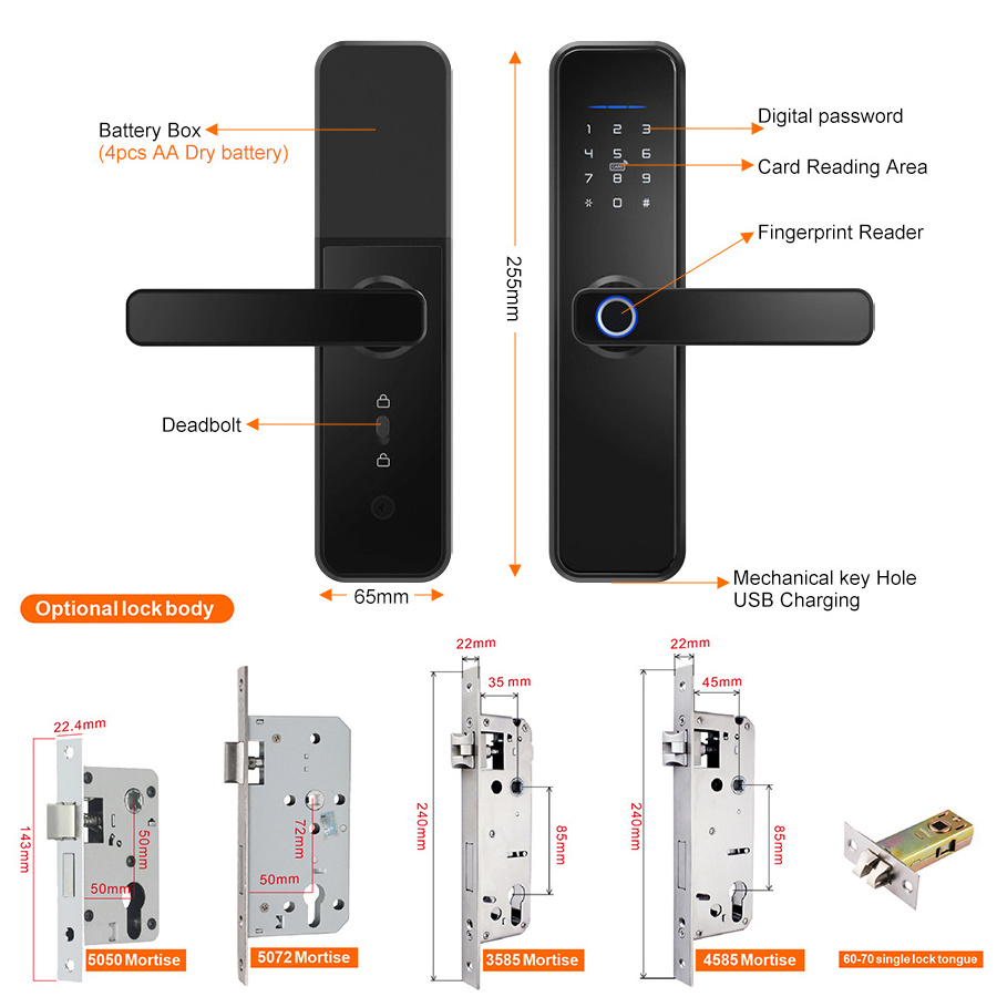 TYSH Wholesale Factory Price Tuya App Electric Wifi Fingerprint Smart Digital Door Lock Outdoor Support 4585/5050 Mortise