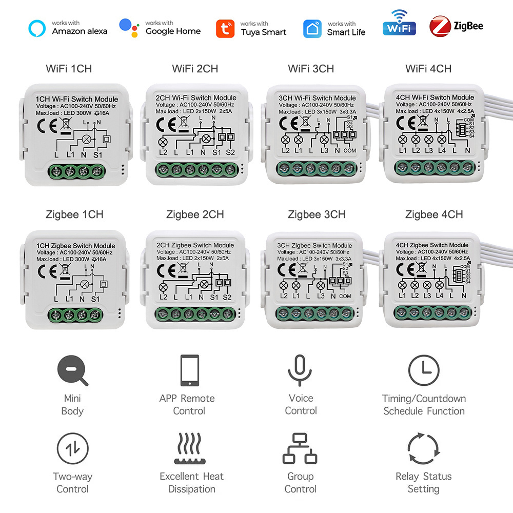 TYSH 1/2/3/4 Gang Tuya Wifi Zigbee Smart Light Wireless Remote Control Breakers Switch Module Relay Home Automotion Alexa Voice