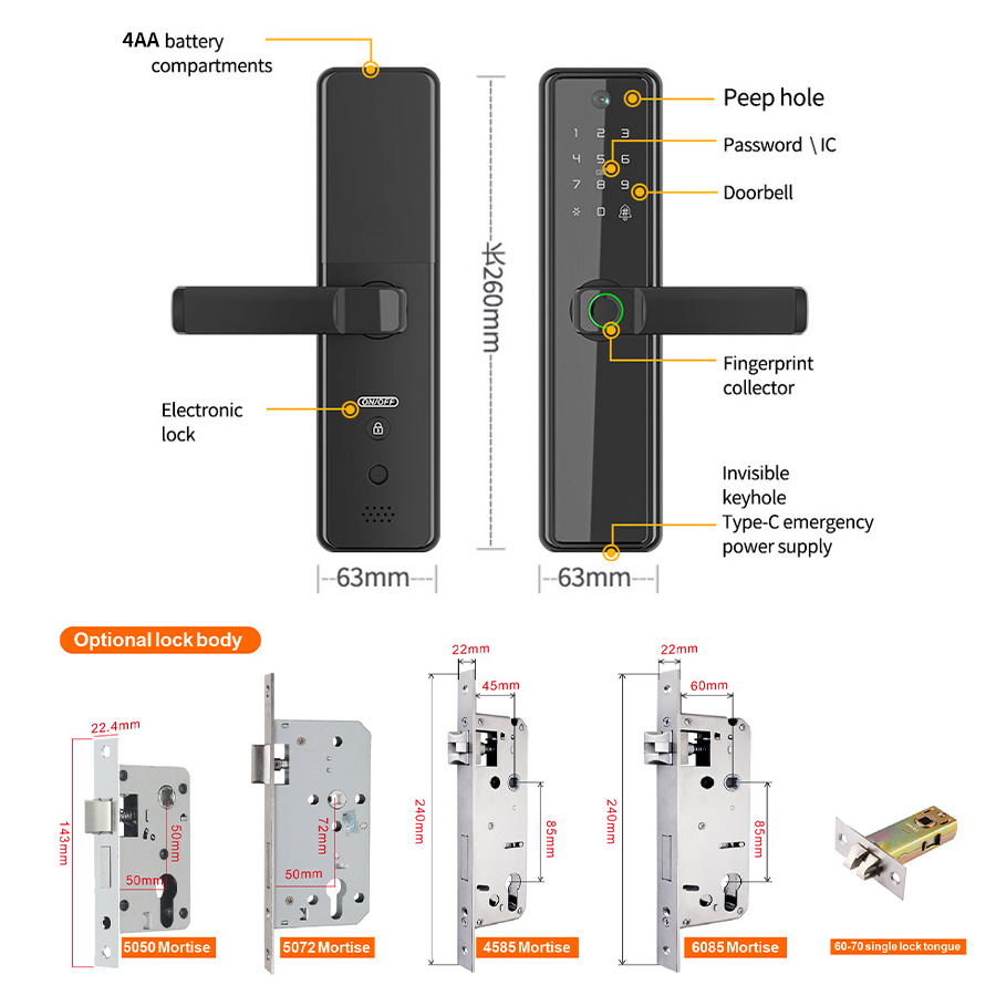 TYSH Security Digital Handle Tuya Cerradura Inteligente Con Wifi Keys Fingerprint Door Smart Lock With Camera Peephole