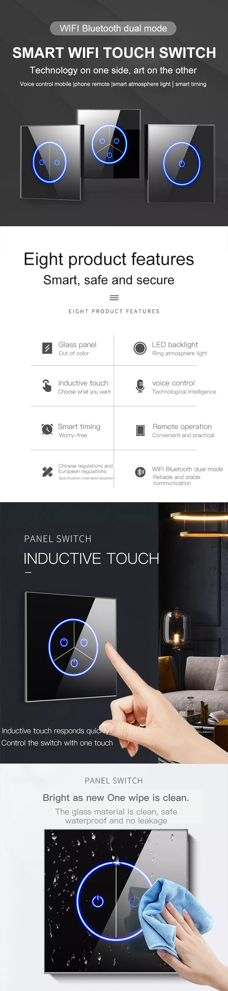 TYSH Tuya Smart Home 1/2/3 Gang Crystal Glass Panel Wifi Touch Screen Switches Wall Light Smart Switch Alexa Remote Control Eu