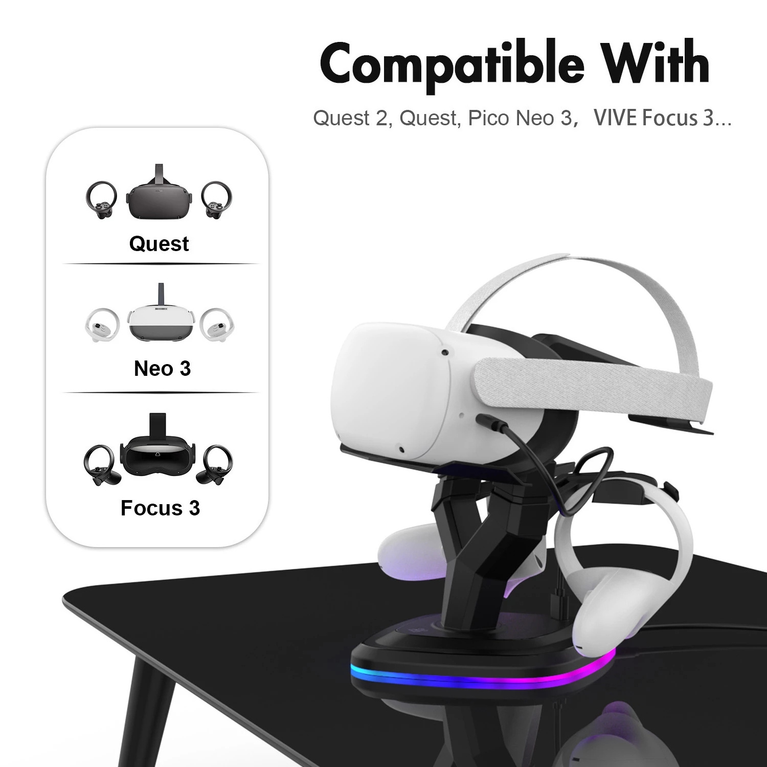 For Oculus Quest 2 VR Display Stand VR Headset Charging Dock RGB Light Charging Base for Pico Neo 3 Accessories