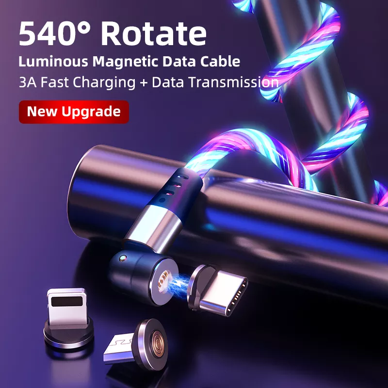 360 540 Degree Rotate Luminous Flowing Light USB Type C 3 in 1 Magnetic Charging Cable For Mobile Phone Charger Cable