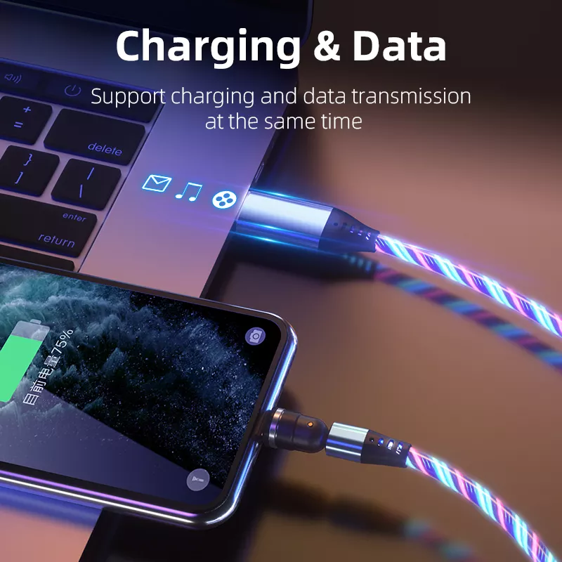 360 540 Degree Rotate Luminous Flowing Light USB Type C 3 in 1 Magnetic Charging Cable For Mobile Phone Charger Cable