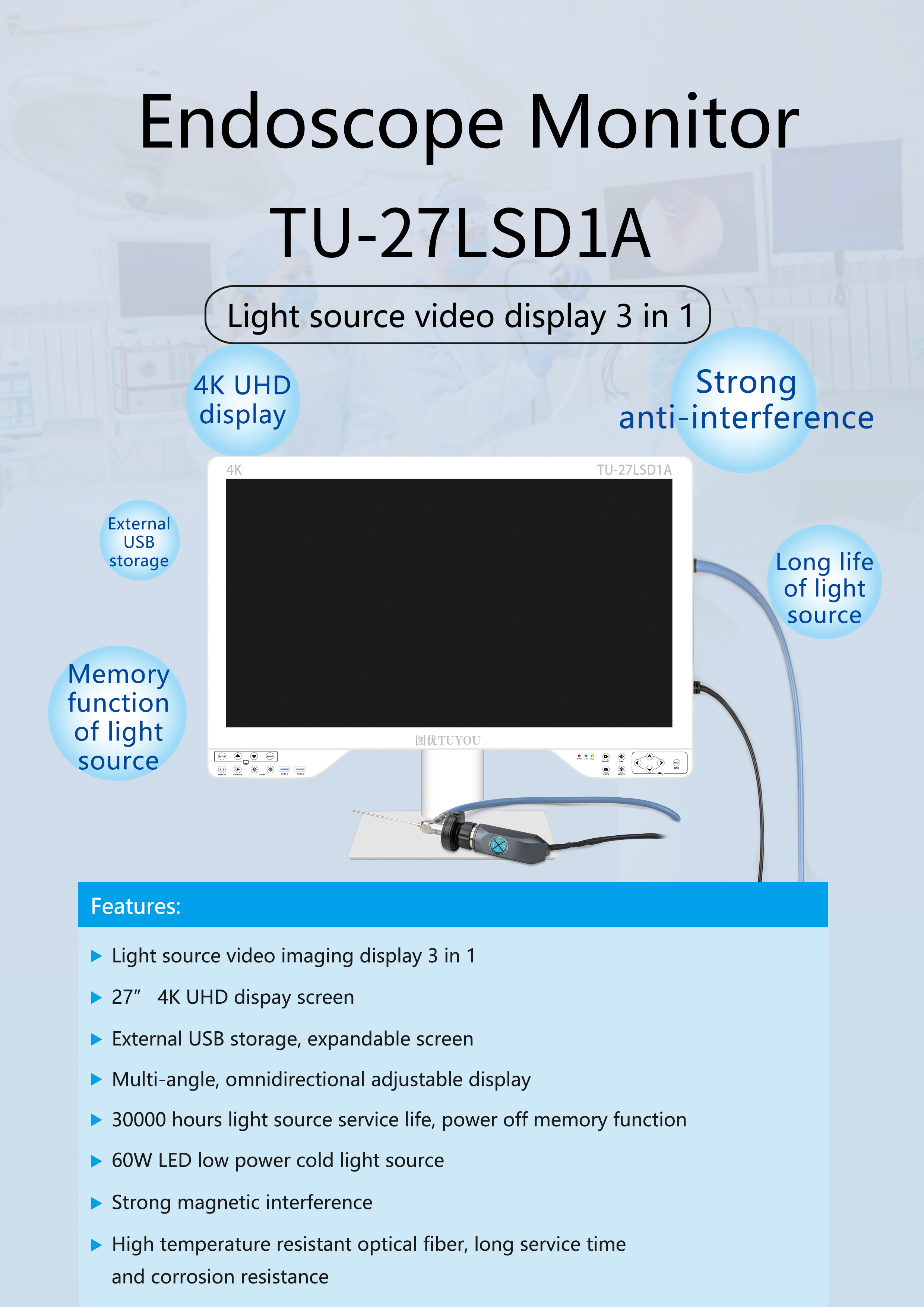 27inch All in One Ultra HD 4K Medical Grade Monitor For Endoscope Laparoscopic System with Optic Light Source