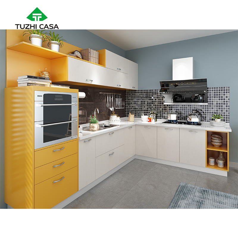 TUZHI CASA malaysia supplier yellow toe kick doors stainless steel base modular kitchen cabinet