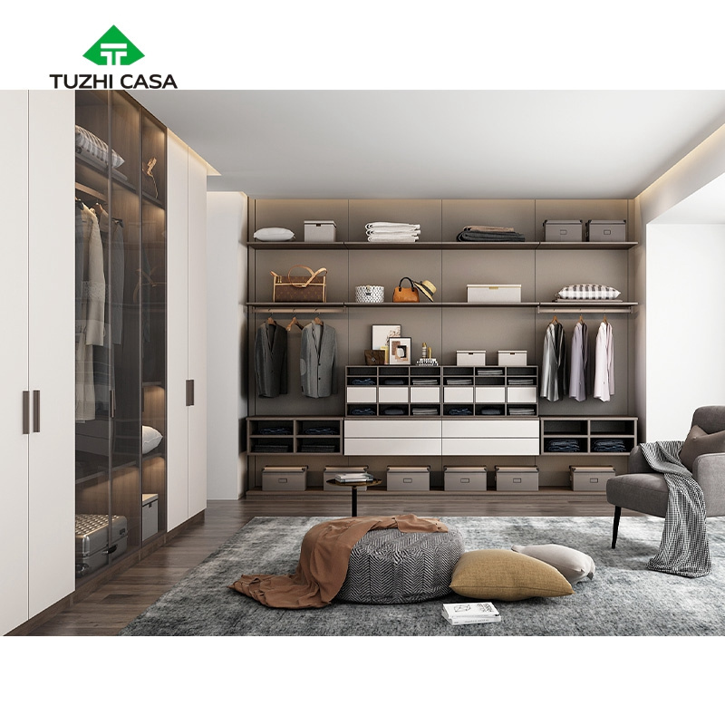 modern luxury led dark wood open wardrobe walk in closet without doors