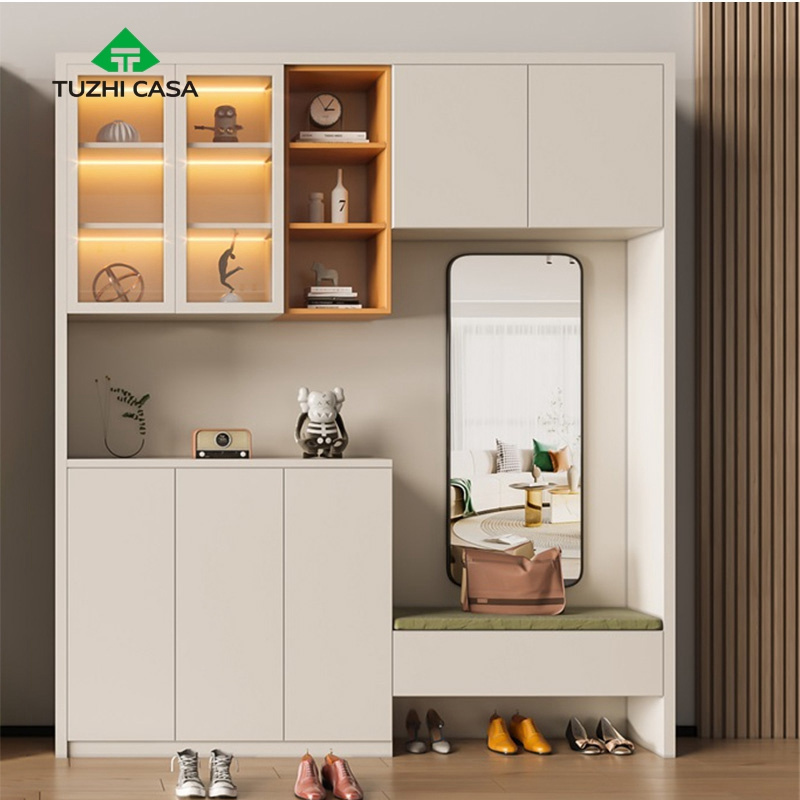 full height mdf entrance furniture hidden shoe cabinet with mirror bench