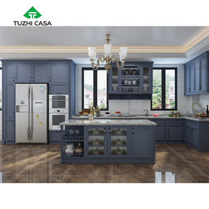 TUZHI CASA vintage antique blue rustic island table retro design kitchen cabinets for corner