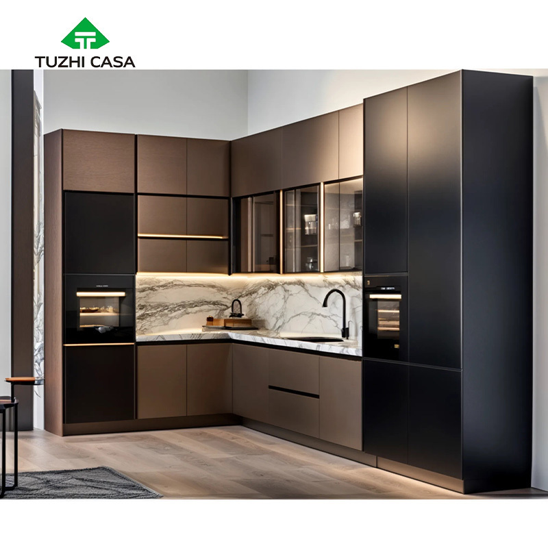 TUZHI CASA china design unity dark brown color german solid pvc ganget home full sets kitchen cabinet