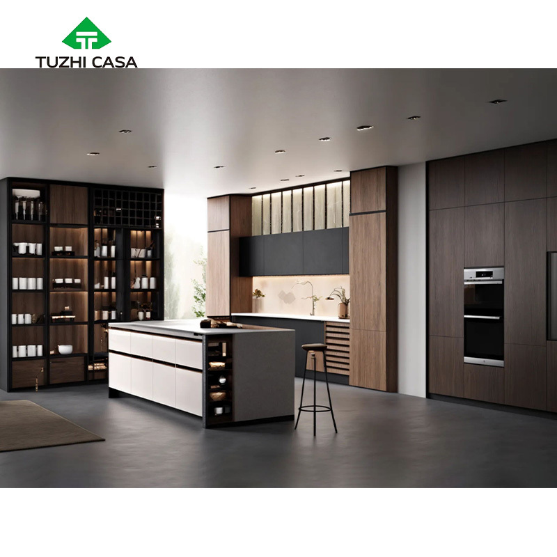 TUZHI CASA china design unity dark brown color german solid pvc ganget home full sets kitchen cabinet