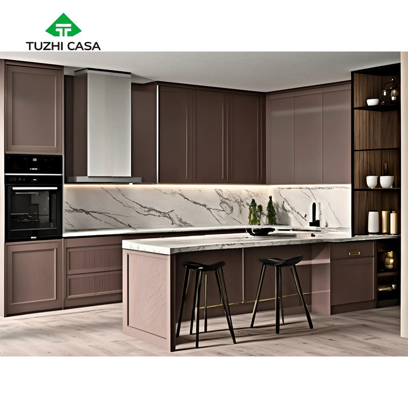 TUZHI CASA china design unity dark brown color german solid pvc ganget home full sets kitchen cabinet