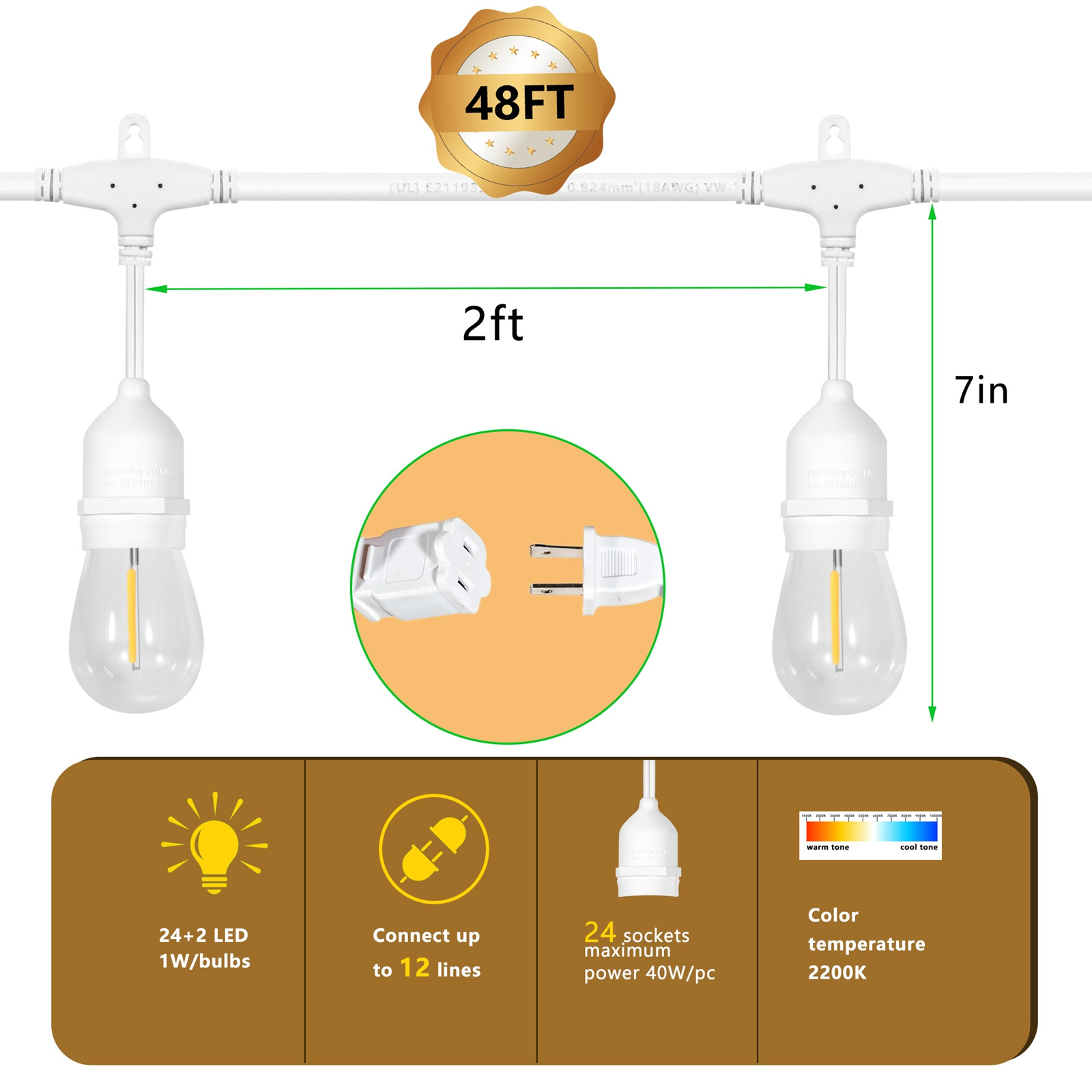 EIKOSON 48Ft LED Outdoor String Lights Include 24 Weatherproof Shatterproof Edison Style LED Bulbs Commercial Grade Waterproof