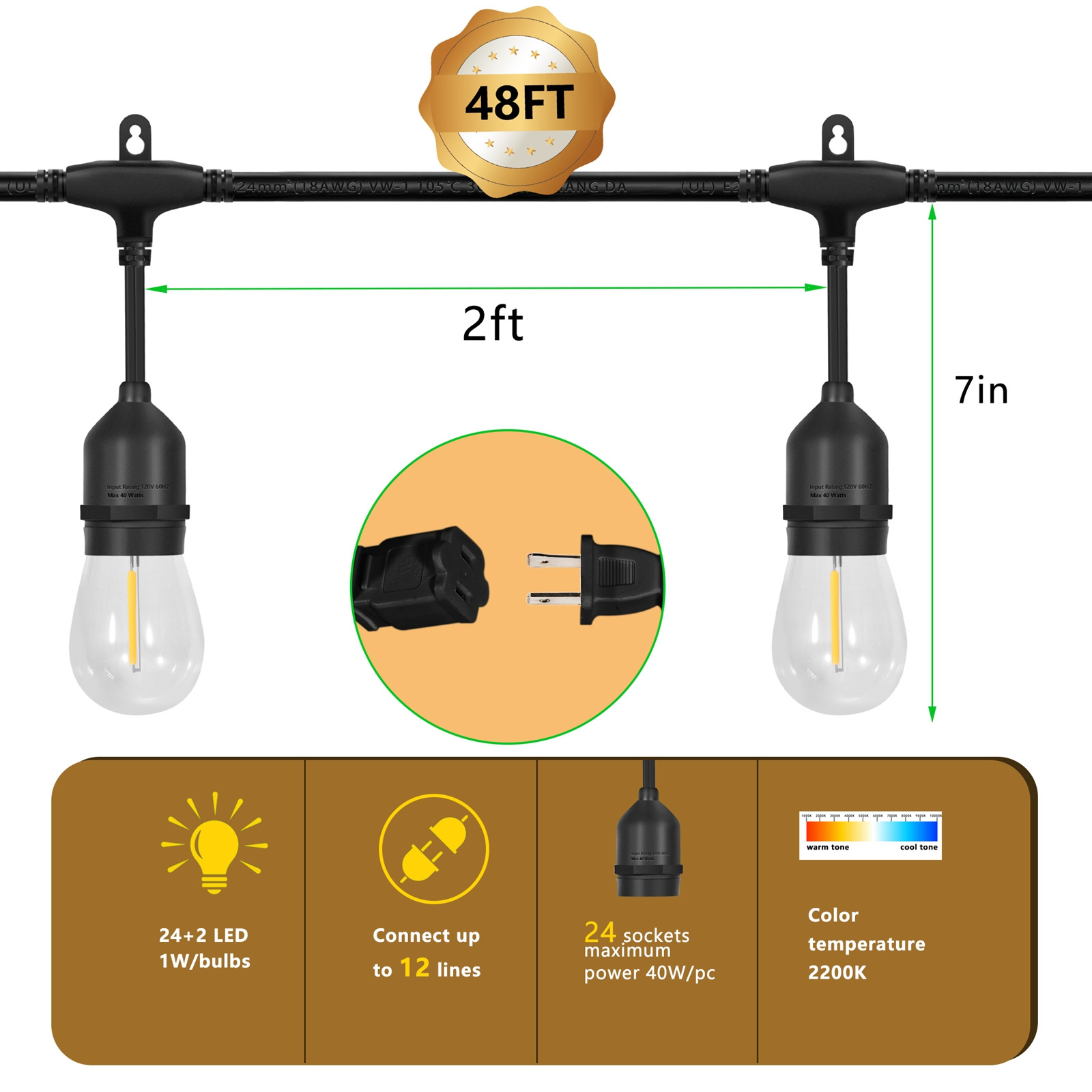 EIKOSON 48Ft LED Outdoor String Lights Include 24 Weatherproof Shatterproof Edison Style LED Bulbs Commercial Grade Waterproof