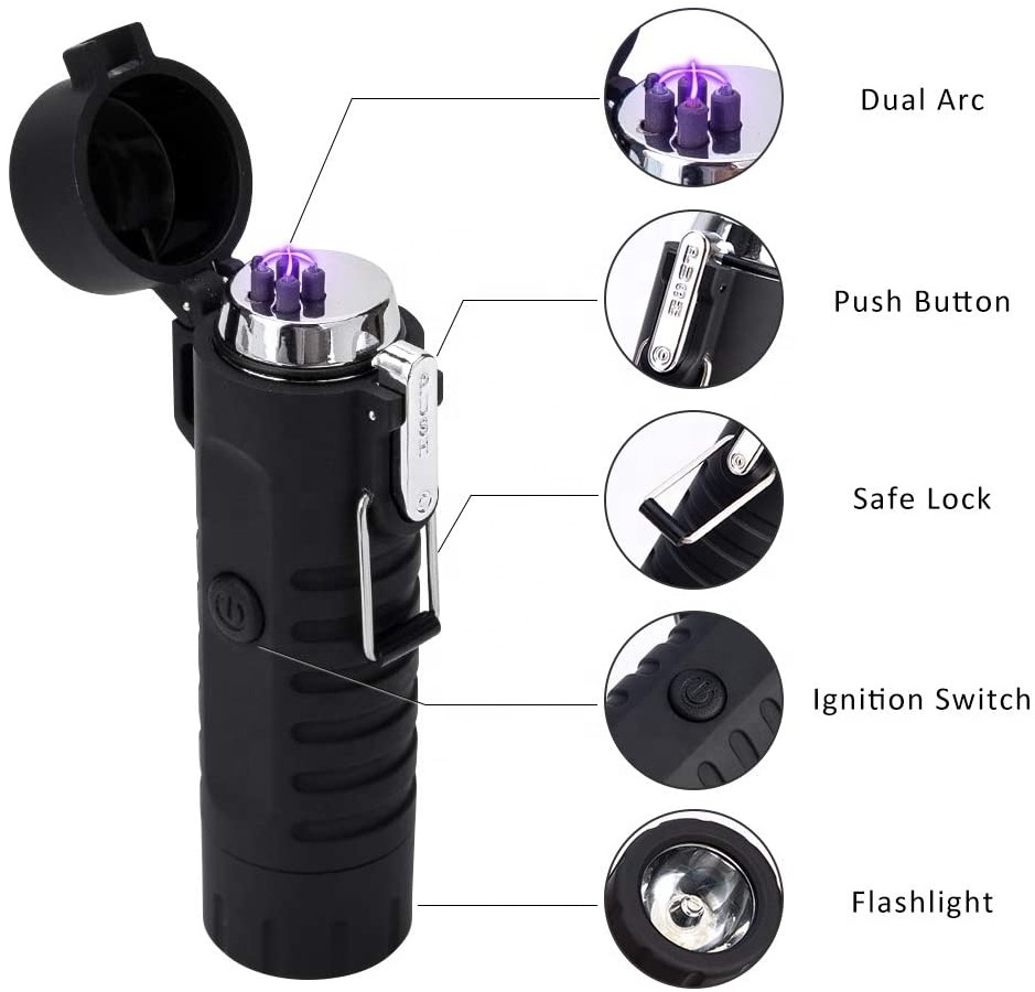 Waterproof Rechargeable Electric USB Double Arc Cigarette Lighter with Flashlight suit for Outdoor Camping hot sell