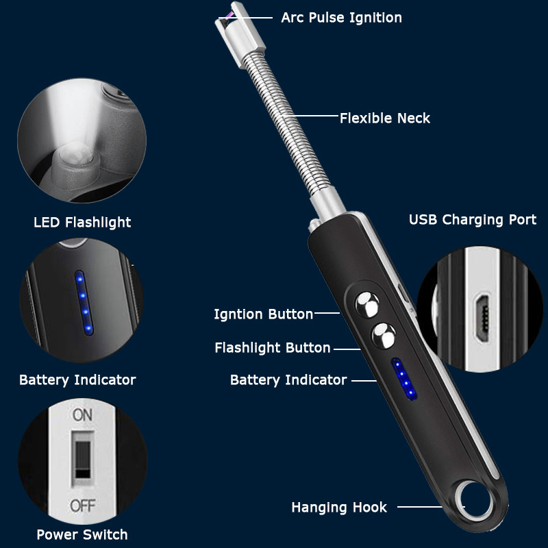 USB Rechargeable Electric Candle Lighters Windproof Flameless with Battery Indicator Safety Switch