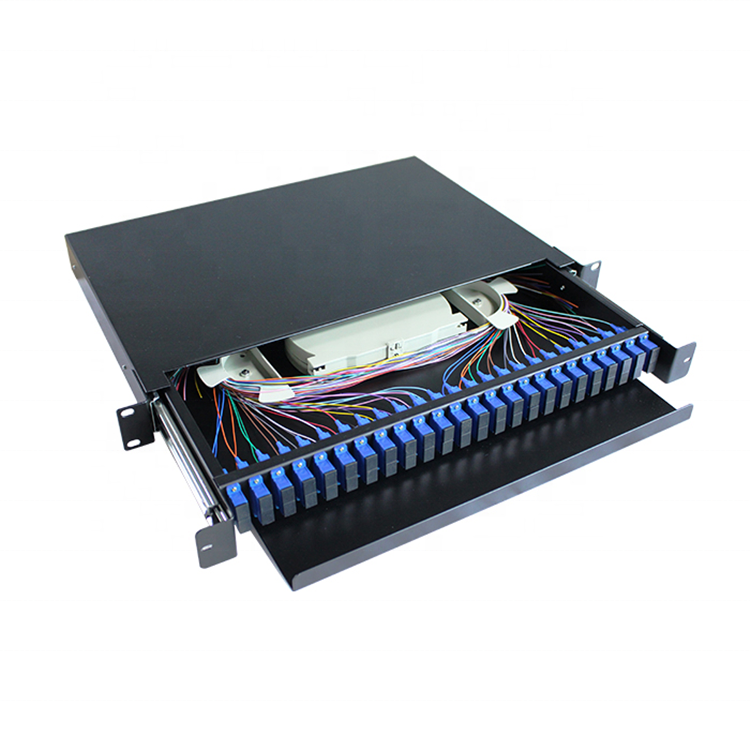 ODF Rack Mount SC Duplex Fiber Optic Termination Box Patch Panel Full Loaded 1U 24 Port 48 Core FTTH Cold Rolled Steel Sheet