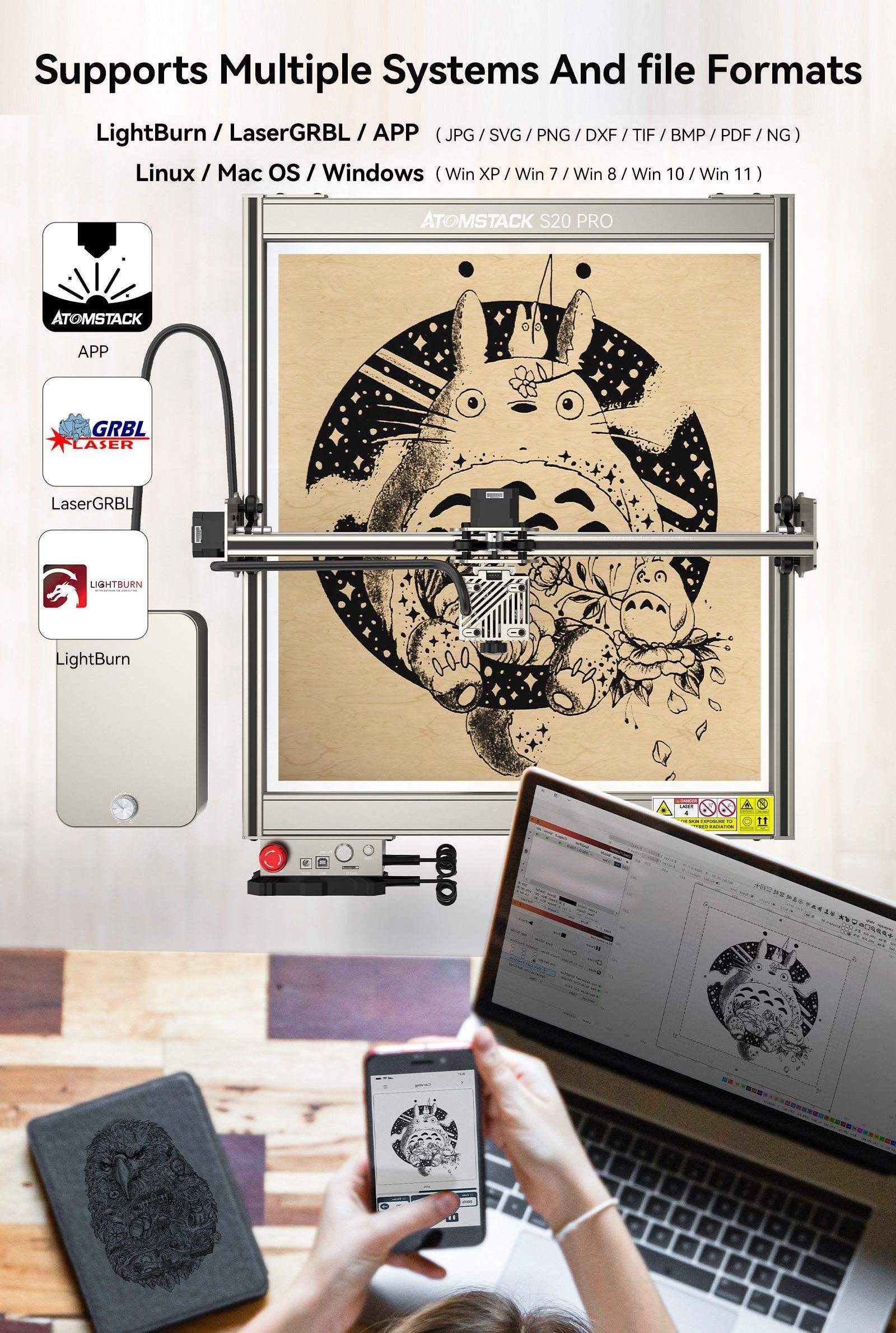 ATOMSTACK S20 PRO 130W 410*400mm Laser Engraver Stone Leather Plywood Sheet Metal Mini Portable Cnc Cutting Engraving Machine