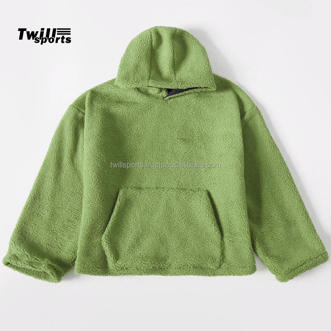 Wholesale 2024 custom high Sherpa fleece hoodies with kangaroo pocket in green color | polar fleece jacket