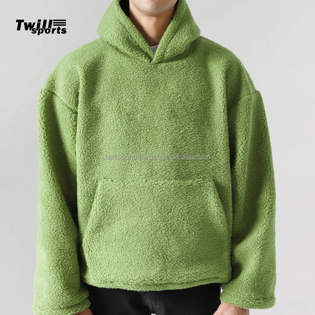 Wholesale 2024 custom high Sherpa fleece hoodies with kangaroo pocket in green color | polar fleece jacket