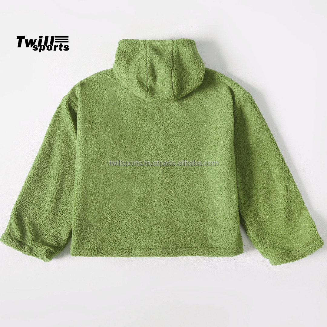 Wholesale 2024 custom high Sherpa fleece hoodies with kangaroo pocket in green color | polar fleece jacket