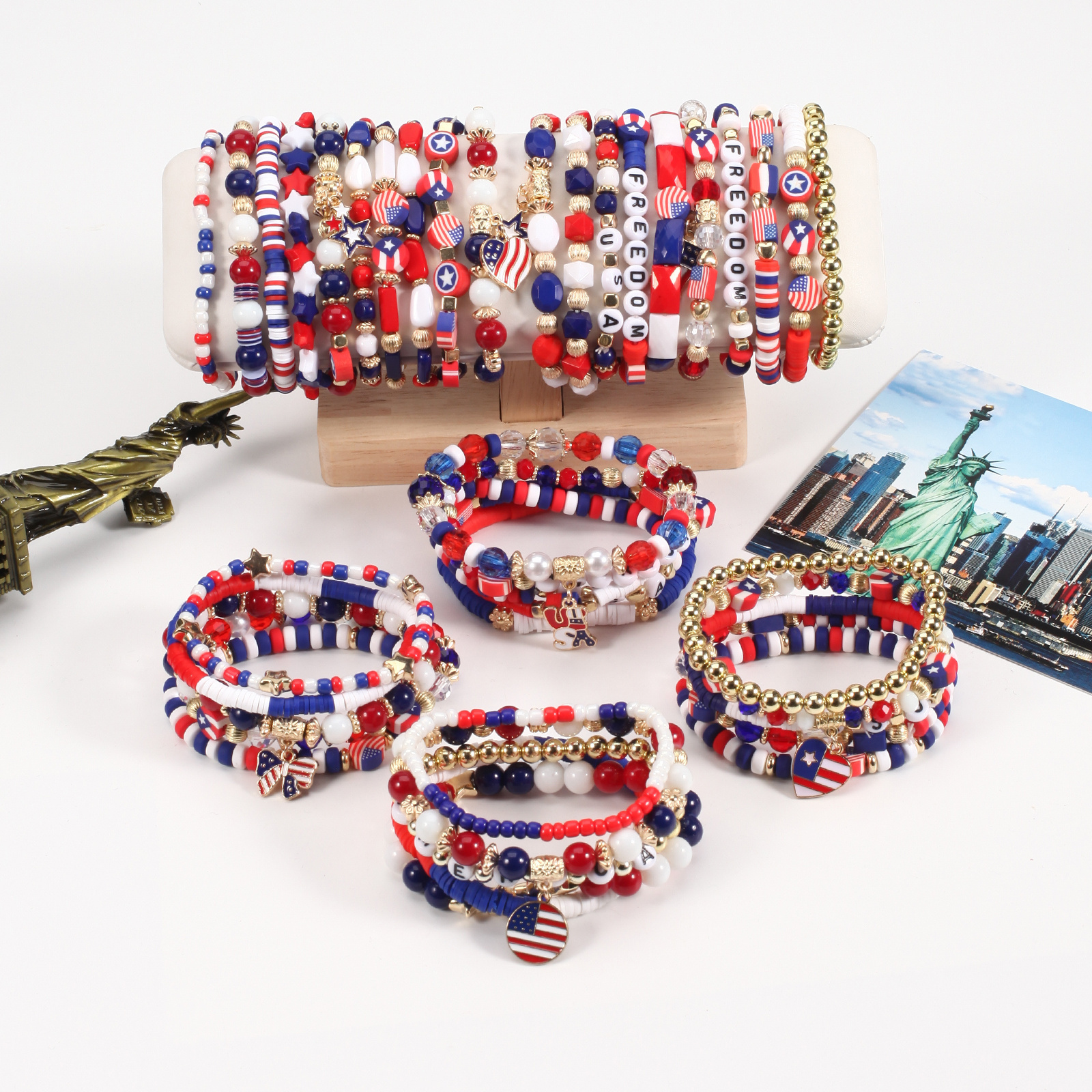 2024 New American Flag Bracelets for Women USA Independence Day Patriotic Bracelet 4th of July Red White Blue Heishi Bracelets