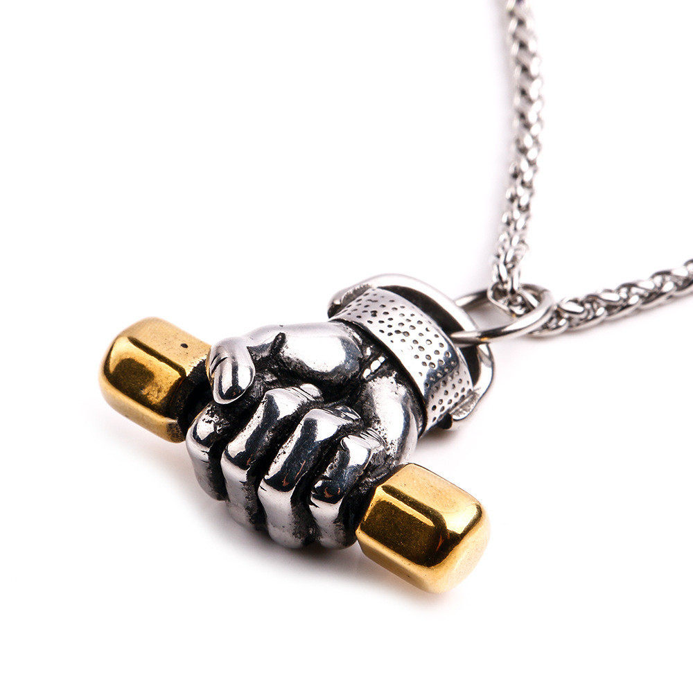 2023 New Mens Fashion Stainless Steel Necklace Fitness Gym Dumbbell Boxing Plate Barbell Chain Pendant Necklace for Men