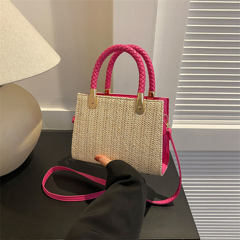 New Fashion Beach Straw Bag Letter Lock Summer Beach Handbag Eco Friendly Handmade Woven Tote Bag  Knitted Women Purse