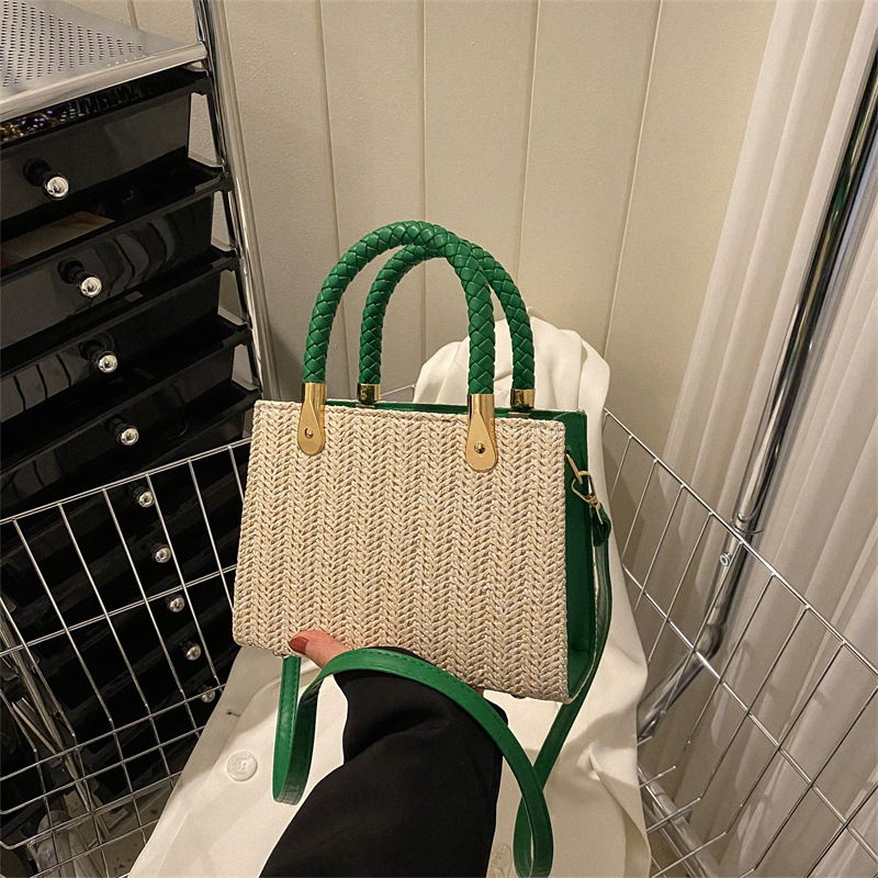 New Fashion Beach Straw Bag Letter Lock Summer Beach Handbag Eco Friendly Handmade Woven Tote Bag  Knitted Women Purse