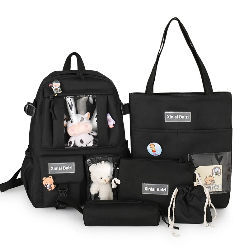 5-piece Fashion Women's Backpack Pure Color Cute Cartoon Student Schoolbag Canvas Large Capacity Lightweight Travel Backpacks