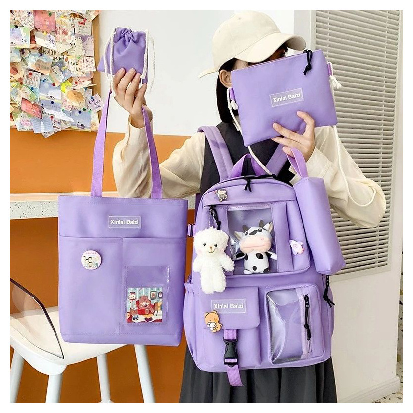 5-piece Fashion Women's Backpack Pure Color Cute Cartoon Student Schoolbag Canvas Large Capacity Lightweight Travel Backpacks