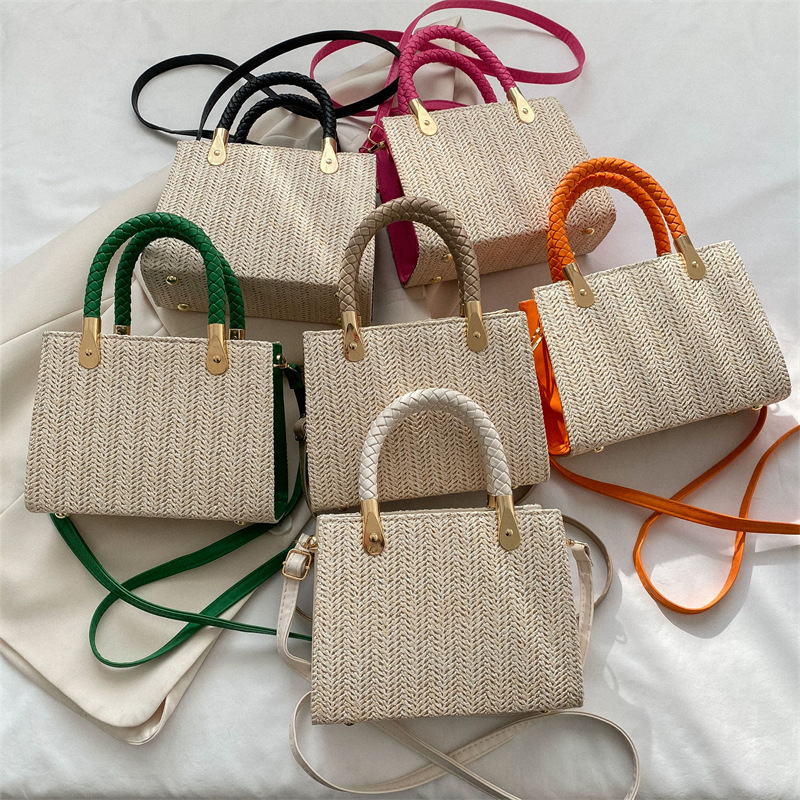 New Fashion Beach Straw Bag Letter Lock Summer Beach Handbag Eco Friendly Handmade Woven Tote Bag  Knitted Women Purse