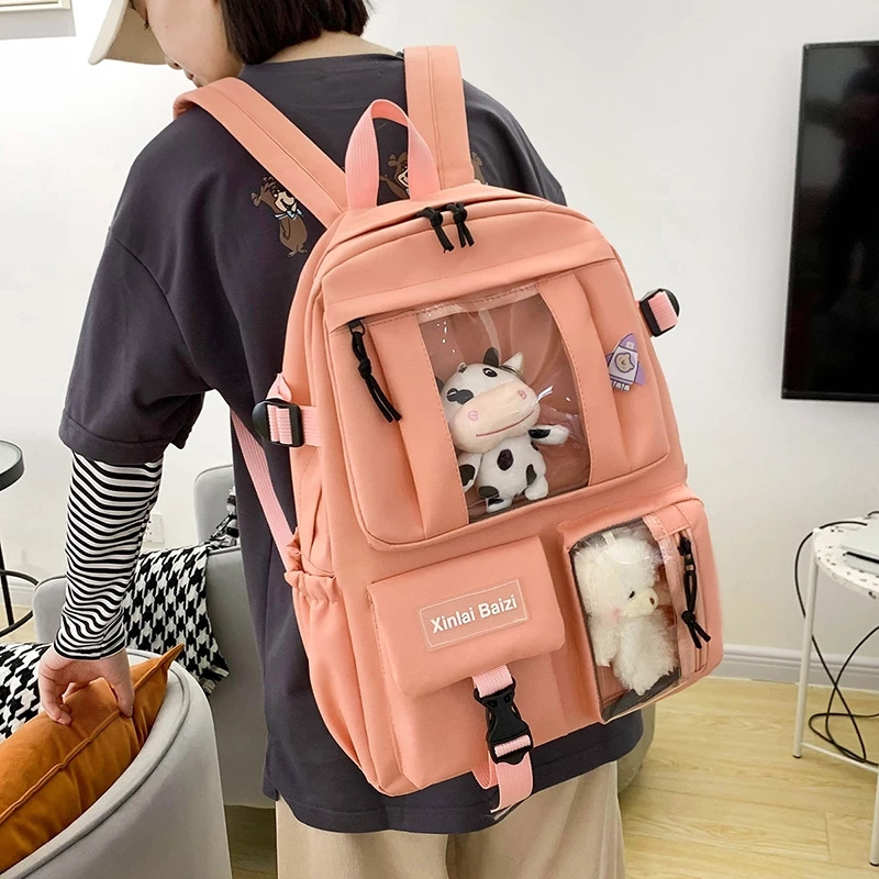 5-piece Fashion Women's Backpack Pure Color Cute Cartoon Student Schoolbag Canvas Large Capacity Lightweight Travel Backpacks