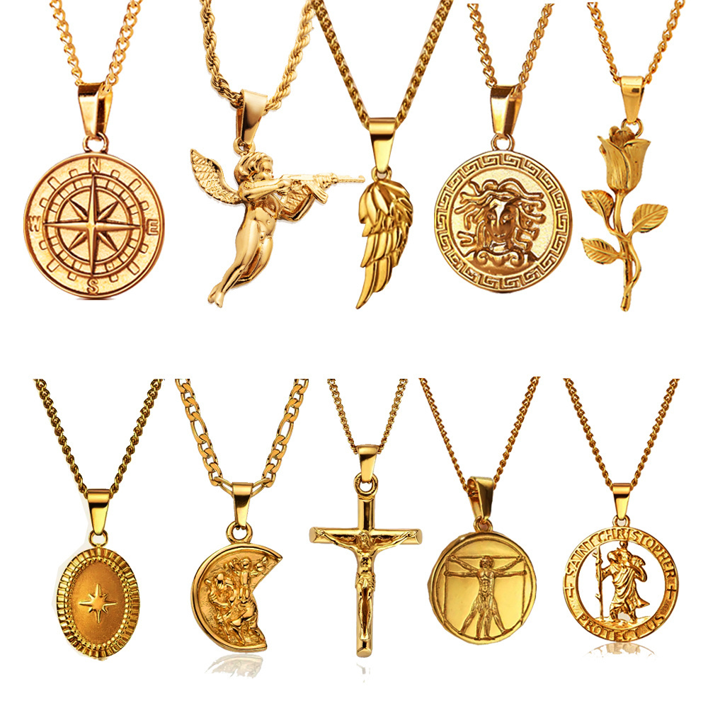 Stainless Steel Sea Compass Pendant Necklace Medusa Charm 18K Gold Crucifix 3D Revenge Gun Angel Necklace  Punk For Men Women