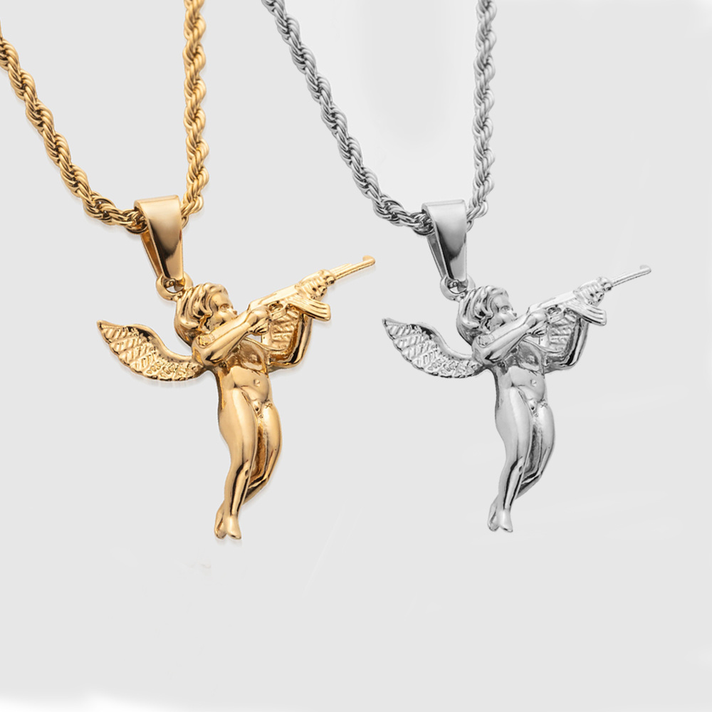 Stainless Steel Sea Compass Pendant Necklace Medusa Charm 18K Gold Crucifix 3D Revenge Gun Angel Necklace  Punk For Men Women