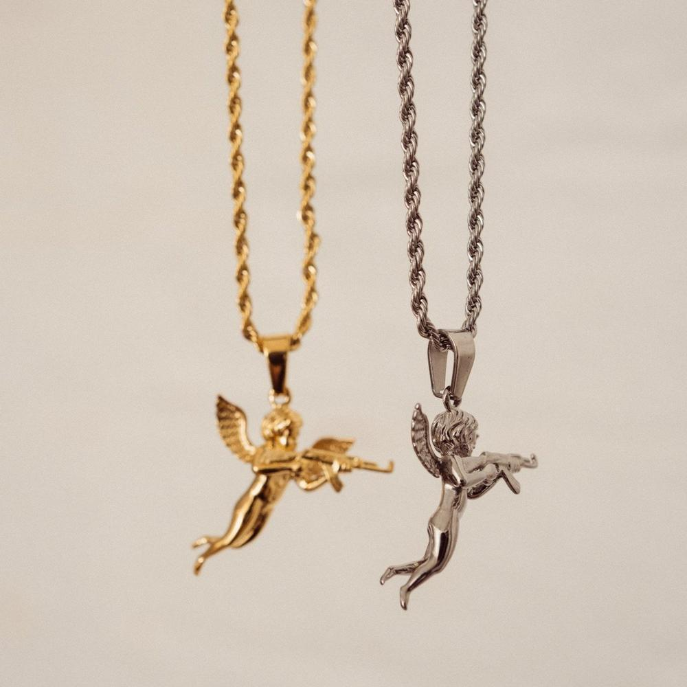 Fast Delivery-  18K Gold Silver 3D Revenge Angel Pendant Necklace Rope Chain Men's Angel Gun Hip Hop Stainless Steel 2022 Hot