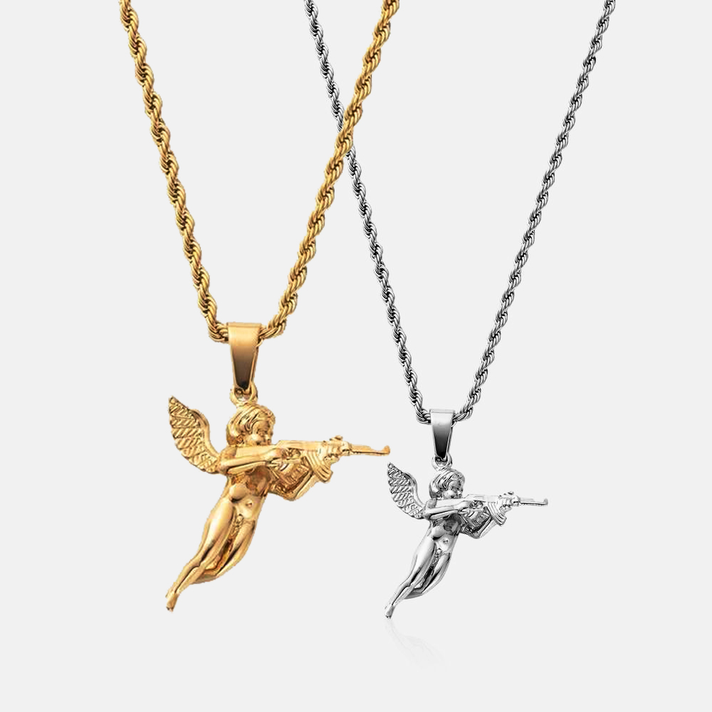 Fast Delivery-  18K Gold Silver 3D Revenge Angel Pendant Necklace Rope Chain Men's Angel Gun Hip Hop Stainless Steel 2022 Hot