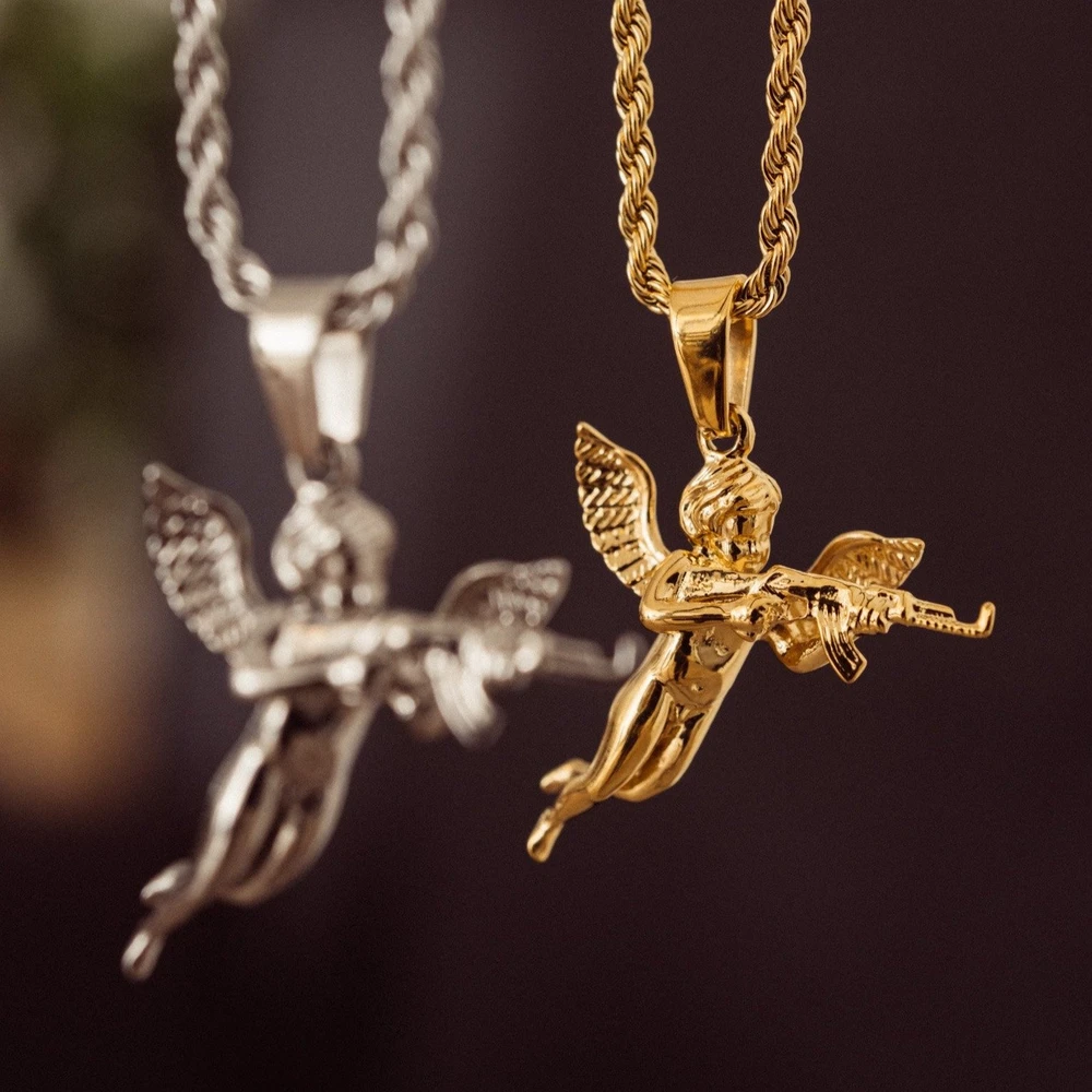 Fast Delivery-  18K Gold Silver 3D Revenge Angel Pendant Necklace Rope Chain Men's Angel Gun Hip Hop Stainless Steel 2022 Hot