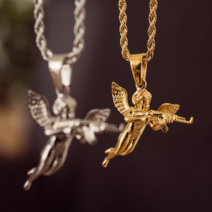 Fast Delivery-  18K Gold Silver 3D Revenge Angel Pendant Necklace Rope Chain Men's Angel Gun Hip Hop Stainless Steel 2022 Hot