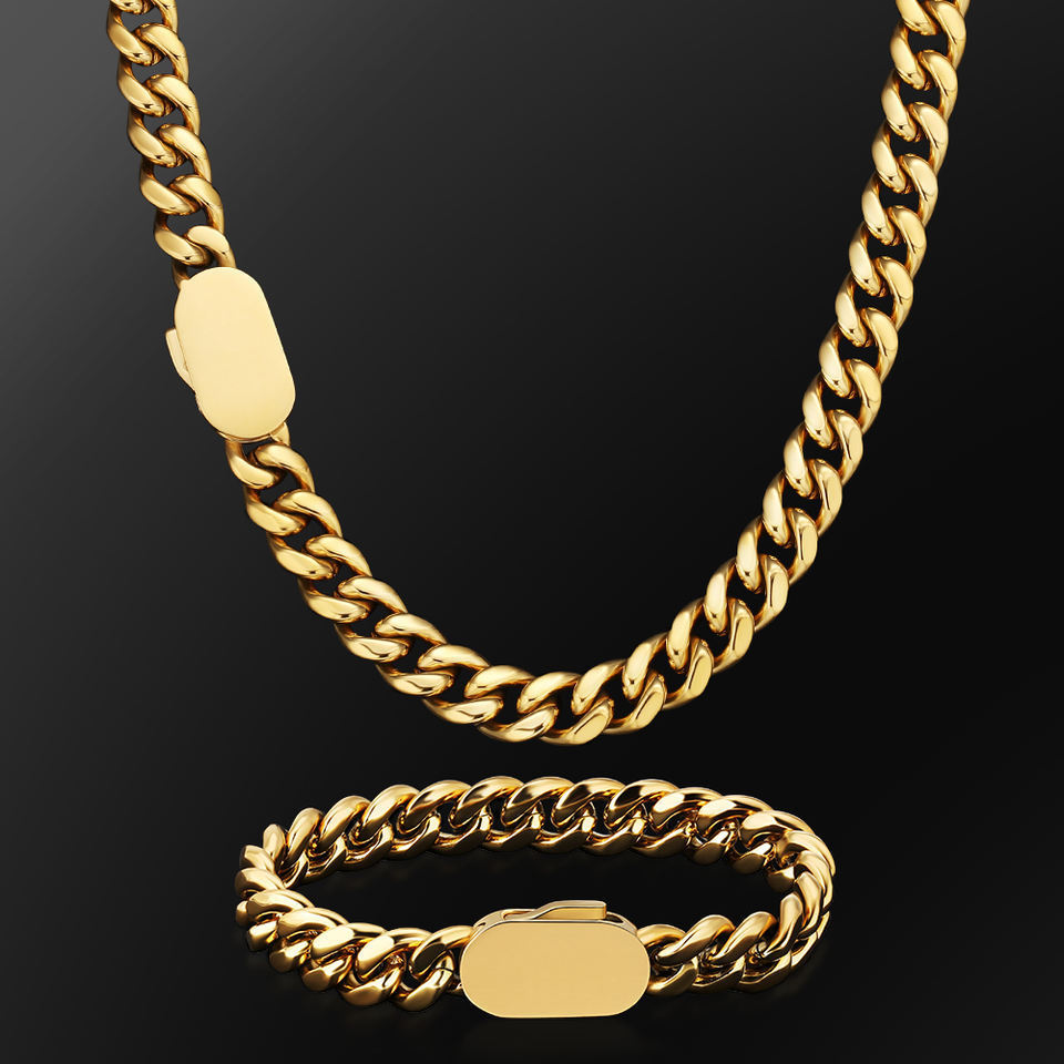 Stainless Steel Spot Hot Sale 18K Gold Miami Hip Hop Cuban Link Chain Necklace Bracelet Cuban Chain Real Factory Wholesale 8mm